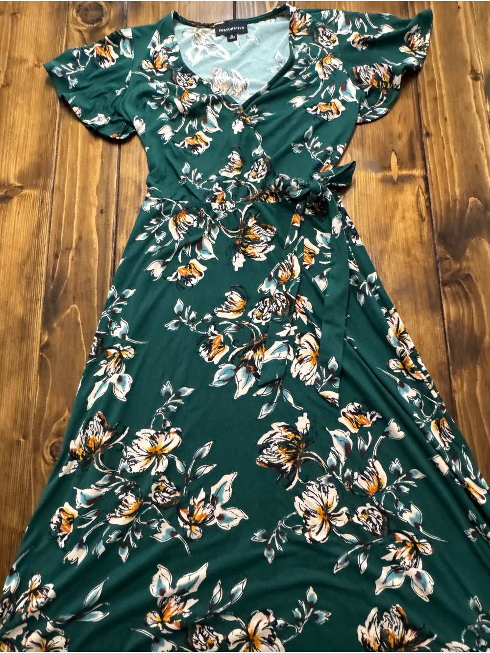 Floral Wrap Maxi Dress in Teal Green with Yellow Accents